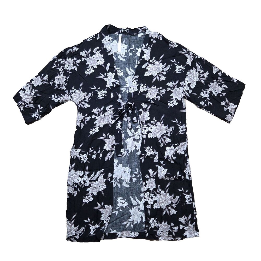 Spiritual Gangster Robe Womens One Size OS Black Gray Floral Tie Kimono Lounge